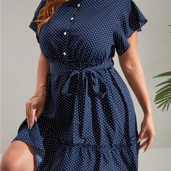 Shein Polka Dot Butterfly Sleeve Ruffle Hem Belted Dress 2xl - Picture 2 of 3